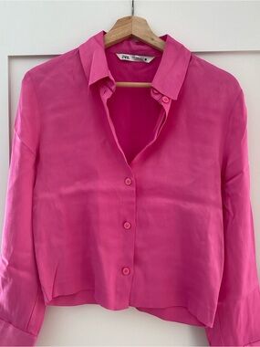 Zara Hot Pink Button-Down Silk-Look Blouse